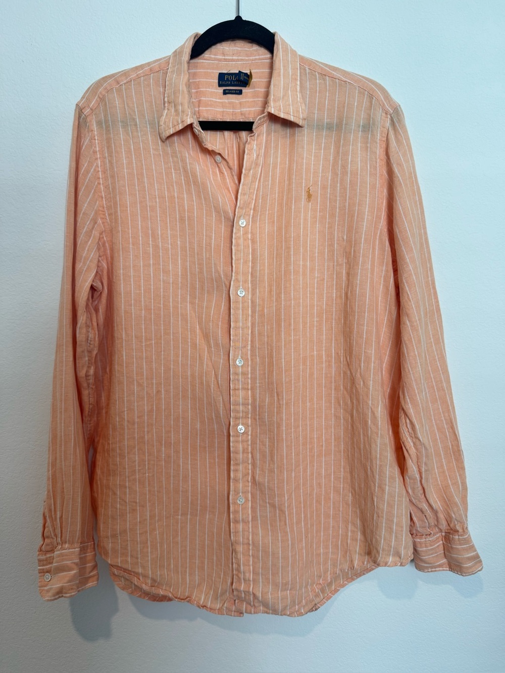 Polo Ralph Lauren Orange Striped 100% Linen Long Sleeve Button Down Mens Shirt